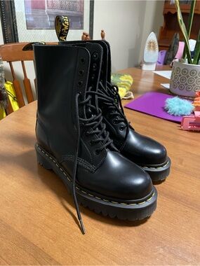 Dr. Martens Black Lace-Up Platform Combat Boots with Yellow Stitching